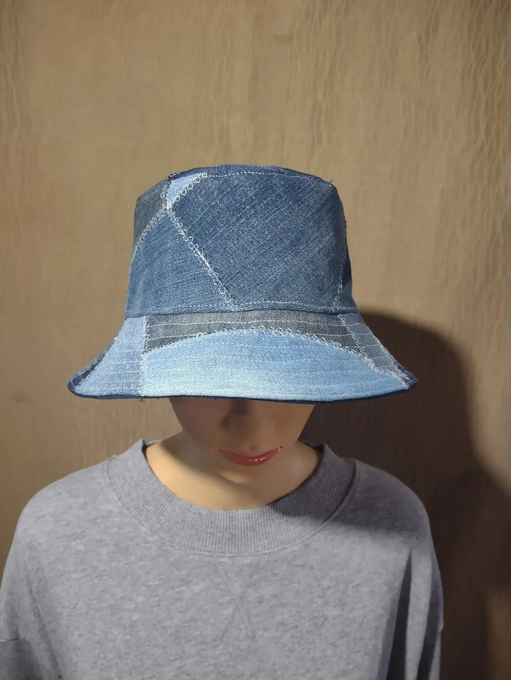 Handmade Upcycled Reversible Patchwork Denim & Navy Bucket Hat - Picture 3 of 12